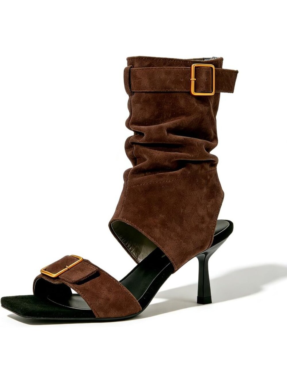 Women's Brown Faux Suede Belt Buckle Vintage Square Open Toe Slingback Low Heels